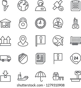 Thin Line Icon Set - earth vector, pin, important flag, plane, satellite, office phone, 24 hours, support, client, sea shipping, truck trailer, car delivery, clock, receipt, port, clipboard, tulip