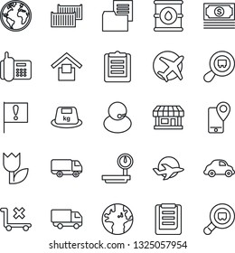 Thin Line Icon Set - earth vector, important flag, store, plane, cash, office phone, support, mobile tracking, cargo container, car delivery, clipboard, folder document, warehouse storage, tulip