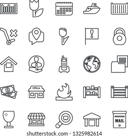 Thin Line Icon Set - earth vector, important flag, store, cash, office phone, client, mobile tracking, sea shipping, cargo container, term, folder document, fragile, warehouse storage, no trolley