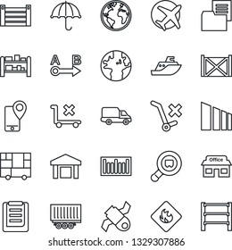 Thin Line Icon Set - earth vector, store, plane, satellite, mobile tracking, sea shipping, truck trailer, car delivery, container, consolidated cargo, clipboard, folder document, umbrella, warehouse