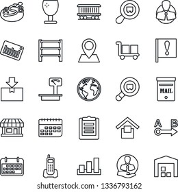 Thin Line Icon Set - earth vector, pin, railroad, important flag, store, office phone, client, term, clipboard, fragile, cargo, warehouse storage, package, sorting, heavy scales, search, barcode