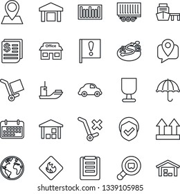 Thin Line Icon Set - earth vector, pin, important flag, store, mobile tracking, sea shipping, truck trailer, car delivery, term, receipt, port, clipboard, fragile, cargo, umbrella, up side sign