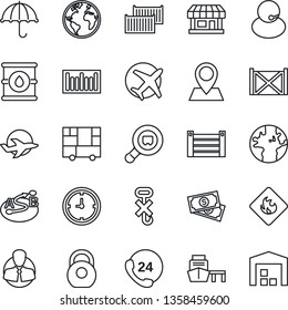 Thin Line Icon Set - earth vector, pin, store, plane, cash, 24 hours, support, client, cargo container, clock, sea port, consolidated, umbrella, no hook, heavy, flammable, oil barrel, search, route