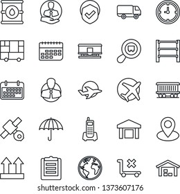 Thin Line Icon Set - earth vector, pin, railroad, plane, satellite, office phone, client, car delivery, clock, term, consolidated cargo, clipboard, umbrella, up side sign, no trolley, warehouse