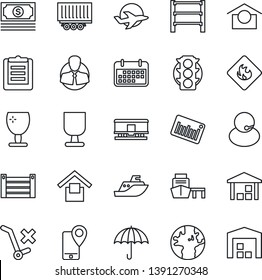 Thin Line Icon Set - earth vector, plane, cash, traffic light, support, client, mobile tracking, sea shipping, truck trailer, term, port, container, clipboard, fragile, umbrella, warehouse storage