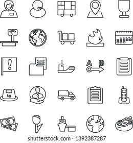 Thin Line Icon Set - earth vector, pin, important flag, cash, office phone, support, client, sea shipping, car delivery, term, port, consolidated cargo, clipboard, folder document, fragile, tulip