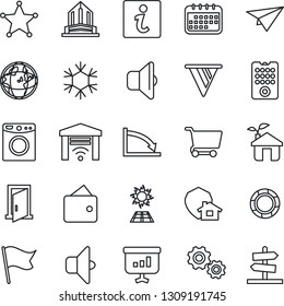 Thin Line Icon Set - eco house vector, remote control, snowflake, washer, sound, garage gate, home protect, police, sun panel, door, information, gear, wallet, pennon, earth, crisis, calendar, cart