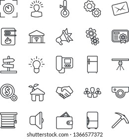 Thin Line Icon Set - eco house vector, water heater, web camera, intercome, gear, thermometer, sound, jalousie, garage gate control, eye scan, fridge, sprinkler, group, shining head, handshake, idea