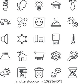 Thin Line Icon Set - eco house vector, socket, water heater, snowflake, intercome, smoke detector, thermometer, warm floor, energy saving bulb, sound, garage gate control, police, trash bin, gear
