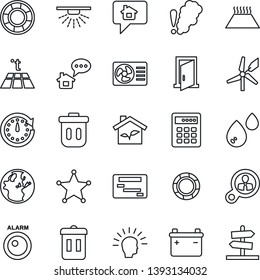 Thin Line Icon Set - eco house vector, air conditioner, water, smoke detector, warm floor, police, trash bin, door, combination lock, windmill, battery, alarm led, sprinkler, home message, clock