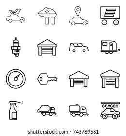 thin line icon set : eco car, factory filter, pointer, delivery, spark plug, garage, shipping, trailer, barometer, key, sprayer, trash truck, sweeper, wash