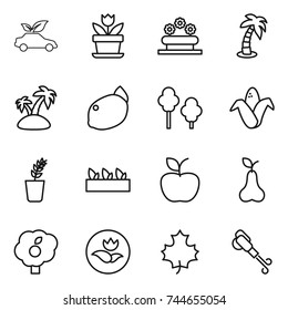 thin line icon set : eco car, flower, bed, palm, island, lemon, trees, corn, seedling, apple, pear, garden, ecology, maple leaf, blower