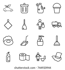 conjunto de iconos de línea delgada: camión ecológico, cubo, limpiador, cubo, trapo, escoba, basura, barrendero, jabón, cuchara, líquido, émbolo, inodoro, papel, limpieza, lavado del suelo