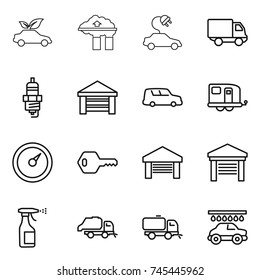 thin line icon set : eco car, factory filter, electric, delivery, spark plug, garage, shipping, trailer, barometer, key, sprayer, trash truck, sweeper, wash