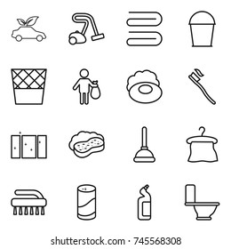 thin line icon set : eco car, vacuum cleaner, towel, bucket, trash bin, soap, tooth brush, clean window, sponge with foam, plunger, hanger, cleanser powder, toilet