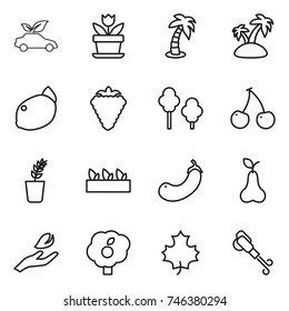 thin line icon set : eco car, flower, palm, island, lemon, berry, trees, cherry, seedling, eggplant, pear, hand leaf, garden, maple, blower