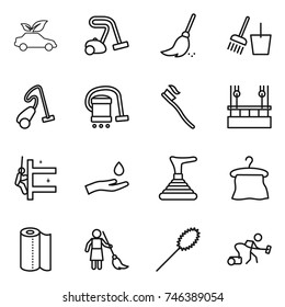 thin line icon set : eco car, vacuum cleaner, broom, bucket and, tooth brush, skysrcapers cleaning, skyscrapers, hand drop, plunger, hanger, paper towel, brooming, duster