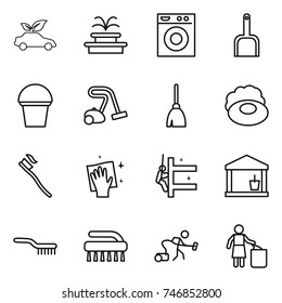thin line icon set : eco car, fountain, washing machine, scoop, bucket, vacuum cleaner, broom, soap, tooth brush, wiping, skyscrapers cleaning, utility room, garbage bin