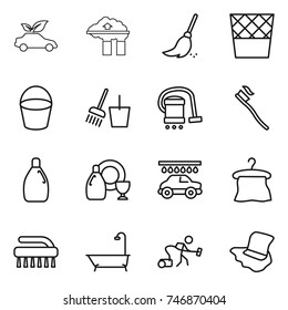 thin line icon set : eco car, factory filter, broom, trash bin, bucket, and, vacuum cleaner, tooth brush, cleanser, dish, wash, hanger, bath, floor washing