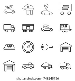 thin line icon set : eco car, factory filter, pointer, delivery, railroad shipping, baggage, trailer, taxi, barometer, key, garage, pickup, trash truck, sweeper