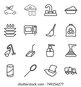 thin line icon set : eco car, factory filter, water tap, washing, plate, microwave oven, broom, garbage bag, vacuum cleaner, scoop, liquid soap, plunger, cleanser powder, duster, floor
