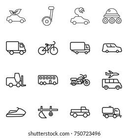 thin line icon set : eco car, segway, electric, lunar rover, delivery, bike, shipping, fork loader, bus, motorcycle, transfer, jet ski, plow, pickup, sweeper