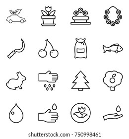 thin line icon set : eco car, flower, bed, hawaiian wreath, sickle, cherry, flour, fish, rabbit, sow, spruce, garden, drop, hand, ecology, and