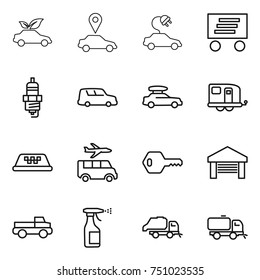 thin line icon set : eco car, pointer, electric, delivery, spark plug, shipping, baggage, trailer, taxi, transfer, key, garage, pickup, sprayer, trash truck, sweeper