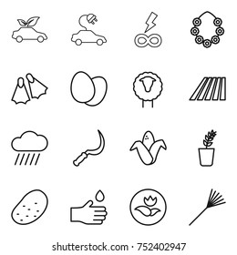 thin line icon set : eco car, electric, infinity power, hawaiian wreath, flippers, eggs, sheep, field, rain cloud, sickle, corn, seedling, potato, hand drop, ecology, rake