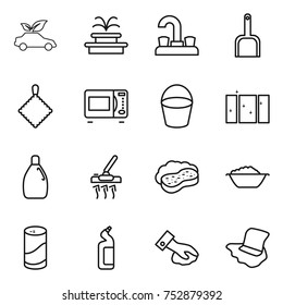 thin line icon set : eco car, fountain, water tap, scoop, rag, microwave oven, bucket, clean window, cleanser, vacuum cleaner, sponge with foam, basin, powder, toilet, wiping, floor washing
