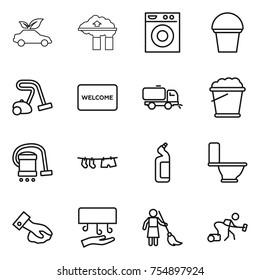 thin line icon set : eco car, factory filter, washing machine, bucket, vacuum cleaner, welcome mat, sweeper, foam, drying clothe, toilet cleanser, wiping, hand dryer, brooming