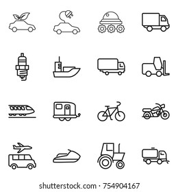 thin line icon set : eco car, electric, lunar rover, delivery, spark plug, sea shipping, fork loader, train, trailer, bike, motorcycle, transfer, jet ski, tractor, sweeper