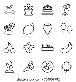 thin line icon set : eco car, flower, bed, palm, island, lemon, berry, trees, cherry, corn, seedling, eggplant, sprouting, hand leaf, ecology, maple