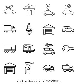thin line icon set : eco car, factory filter, pointer, electric, delivery, spark plug, garage, shipping, railroad, trailer, transfer, key, sprayer, trash truck, sweeper
