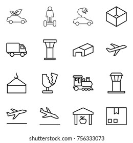 Thin line icon set : eco car, hoverboard, electric, box, delivery, airport tower, warehouse, plane, loading crane, broken, train, departure, arrival, package