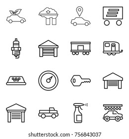 Thin line icon set : eco car, factory filter, pointer, delivery, spark plug, garage, railroad shipping, trailer, taxi, barometer, key, pickup, sprayer, wash