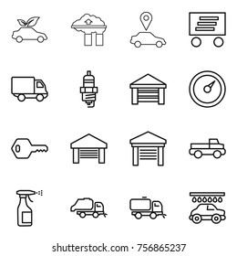 Thin line icon set : eco car, factory filter, pointer, delivery, spark plug, garage, barometer, key, pickup, sprayer, trash truck, sweeper, wash