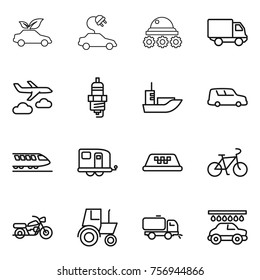 Thin line icon set : eco car, electric, lunar rover, delivery, journey, spark plug, sea shipping, train, trailer, taxi, bike, motorcycle, tractor, sweeper, wash