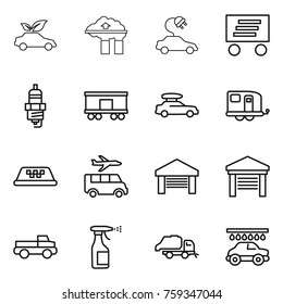 Thin line icon set : eco car, factory filter, electric, delivery, spark plug, railroad shipping, baggage, trailer, taxi, transfer, garage, pickup, sprayer, trash truck, wash