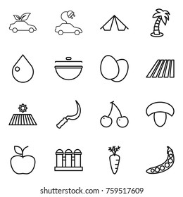 Thin line icon set : eco car, electric, tent, palm, drop, cauldron, eggs, field, sickle, cherry, mushroom, apple, grain elevator, carrot, peas
