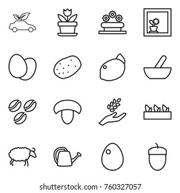 Thin line icon set : eco car, flower, bed, in window, eggs, potato, lemon, mortar, coffee seeds, mushroom, harvest, seedling, sheep, watering can, egg, acorn