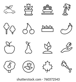 Thin line icon set : eco car, flower, bed, palm, trees, cherry, seedling, eggplant, apple, pear, sprouting, hand leaf, garden, ecology, maple, blower