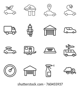 Thin line icon set : eco car, factory filter, pointer, electric, delivery, spark plug, garage, shipping, baggage, trailer, taxi, transfer, barometer, sprayer, trash truck