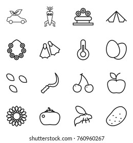 Thin line icon set : eco car, dna modify, flower bed, tent, hawaiian wreath, flippers, thermometer, eggs, seeds, sickle, cherry, apple, tomato, wasp, potato