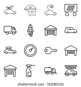 Thin line icon set : eco car, factory filter, electric, delivery, spark plug, garage, shipping, baggage, barometer, key, sprayer, sweeper, wash