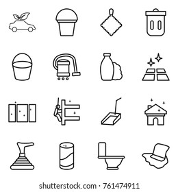 Thin line icon set : eco car, bucket, rag, trash bin, vacuum cleaner, shampoo, clean floor, window, skyscrapers cleaning, scoop, house, plunger, cleanser powder, toilet, washing
