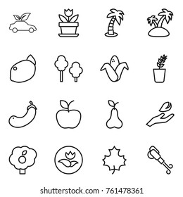 Thin line icon set : eco car, flower, palm, island, lemon, trees, corn, seedling, eggplant, apple, pear, hand leaf, garden, ecology, maple, blower