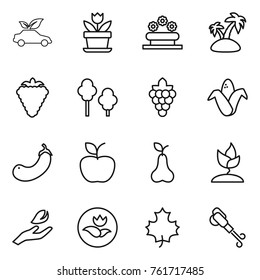 Thin line icon set : eco car, flower, bed, island, berry, trees, grape, corn, eggplant, apple, pear, sprouting, hand leaf, ecology, maple, blower