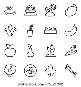 Thin line icon set : eco car, flower bed, island, lemon, corn, seedling, eggplant, apple, pear, sprouting, hand leaf, garden, ecology, maple, blower