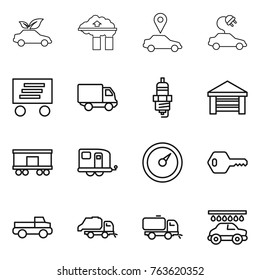Thin line icon set : eco car, factory filter, pointer, electric, delivery, spark plug, garage, railroad shipping, trailer, barometer, key, pickup, trash truck, sweeper, wash